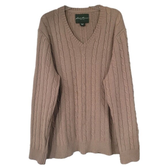 Eddie Bauer Sweater Mens XL Tan Wool Blend Chunky Cable Knit Grandpa Fisherman - Picture 1 of 11